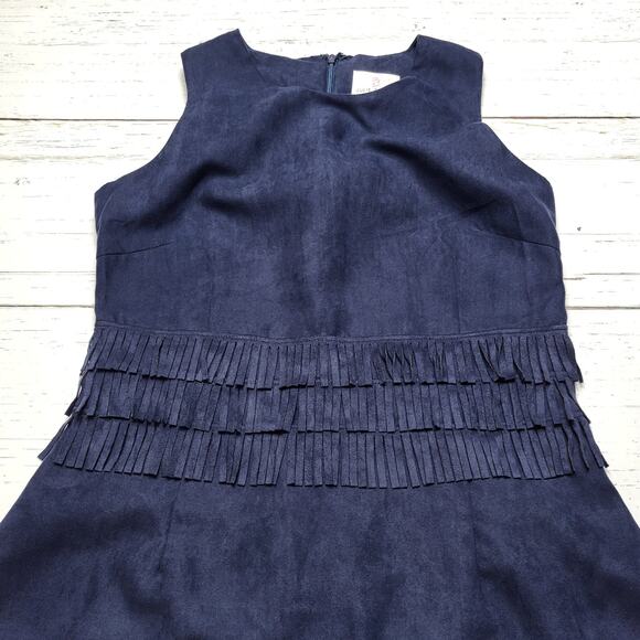 Julie Brown Faux Suede Fringe Waist Mini Sheath Dress Navy Blue Sleeveless 2 XS - Picture 4 of 8